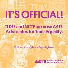 Moving forward, you'll find us over at @transequalitynow-- follow along to stay up-to-date. It's been a long time coming and we at TLDEF are incredibly excited to join forces with the National Center for Transgender Equality. Cheers to our new era as A4TE! [ID: Pink text against a yellow duotone background reads, "It's Official! TLDEF and NCTE are now A4TE. Advocates for Trans Equality. Follow us at @transequalitynow." The A4TE logo appears in the bottom right corner.]